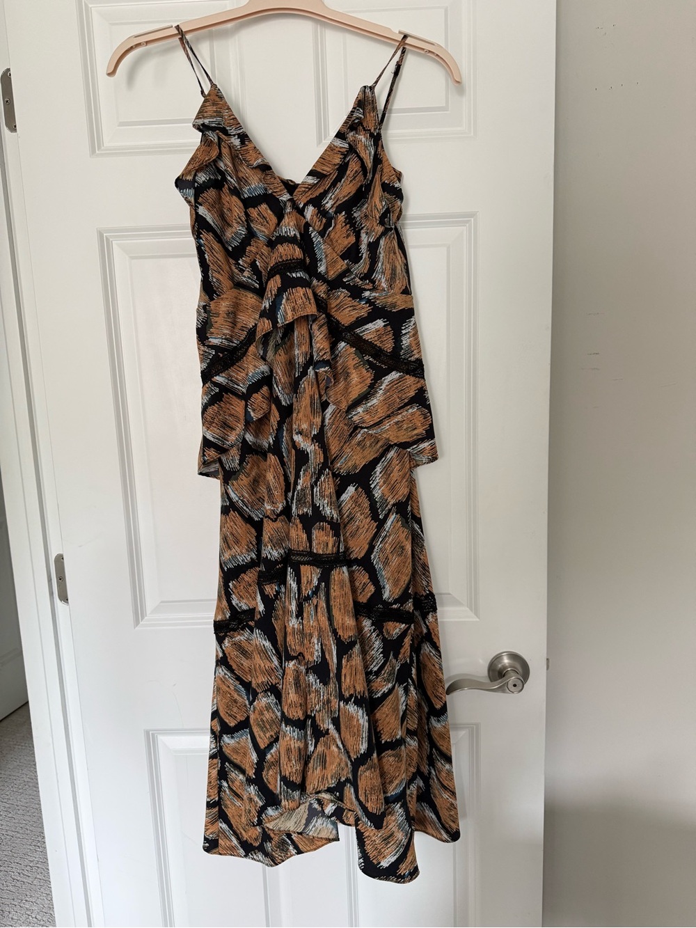 HUNTER BELL Sleeveless V-Neck Midi Dress in Brown and Black Abstract Print - Picture 7 of 7